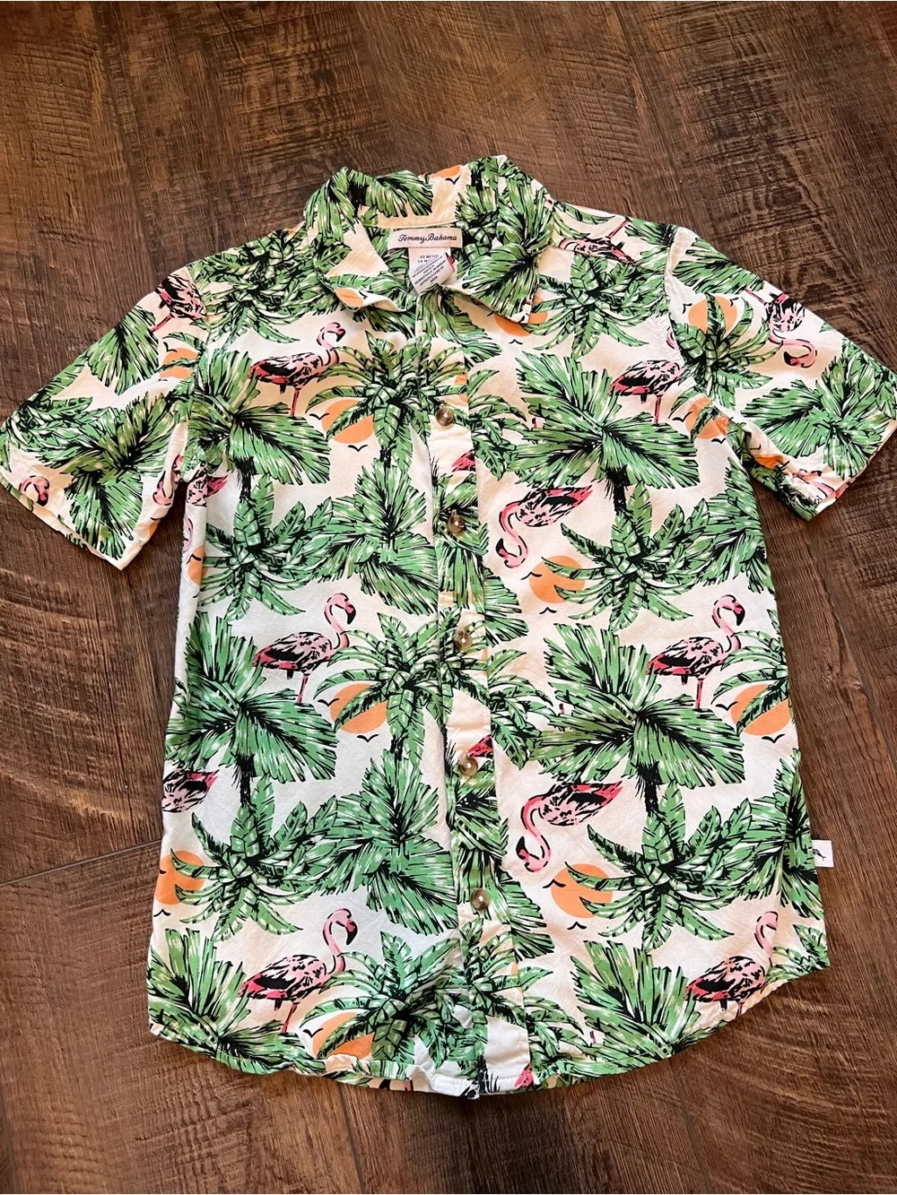 Boys Tommy Bahama White Short Sleeve Shirt with Green Palm & Pink Flamingo Print